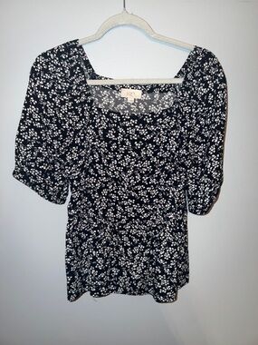 LOFT Navy Floral Square-Neck Puff Sleeve Blouse